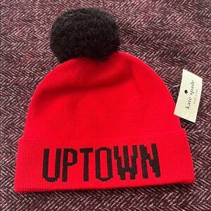Kate Spade Red and Black Knit Beanie Hat with Pom-Pom